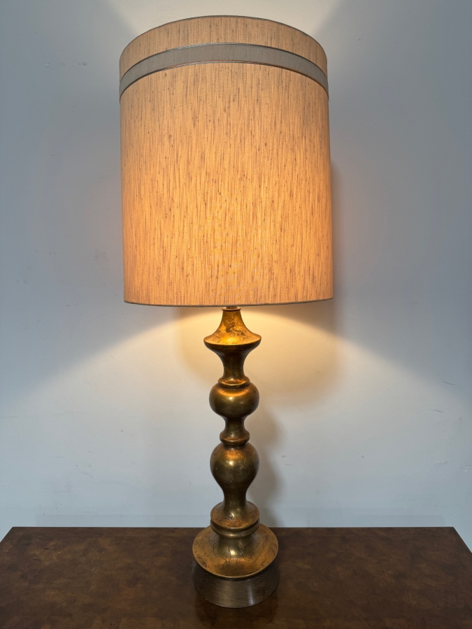 Large Vintage Mid Century Modern Antiqued Gold Leaf Baluster Column Table Lamp With Tall Grasscloth Drum Shade 49'H [Photo 2]