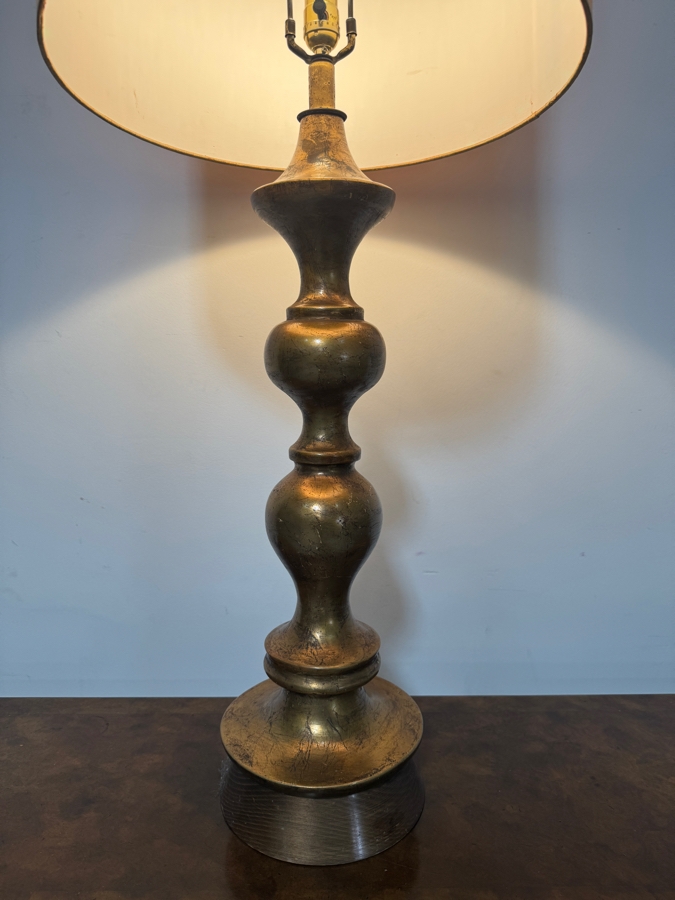 Large Vintage Mid Century Modern Antiqued Gold Leaf Baluster Column Table Lamp With Tall Grasscloth Drum Shade 49'H [Photo 4]