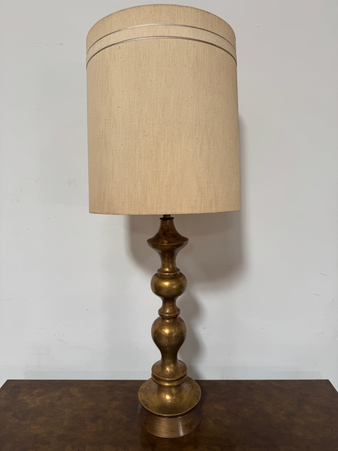 Large Vintage Mid Century Modern Antiqued Gold Leaf Baluster Column Table Lamp With Tall Grasscloth Drum Shade 49'H [Photo 6]