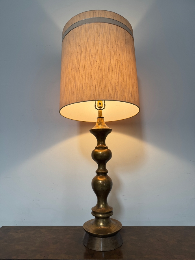 Large Vintage Mid Century Modern Antiqued Gold Leaf Baluster Column Table Lamp With Tall Grasscloth Drum Shade 49'H [Photo 3]