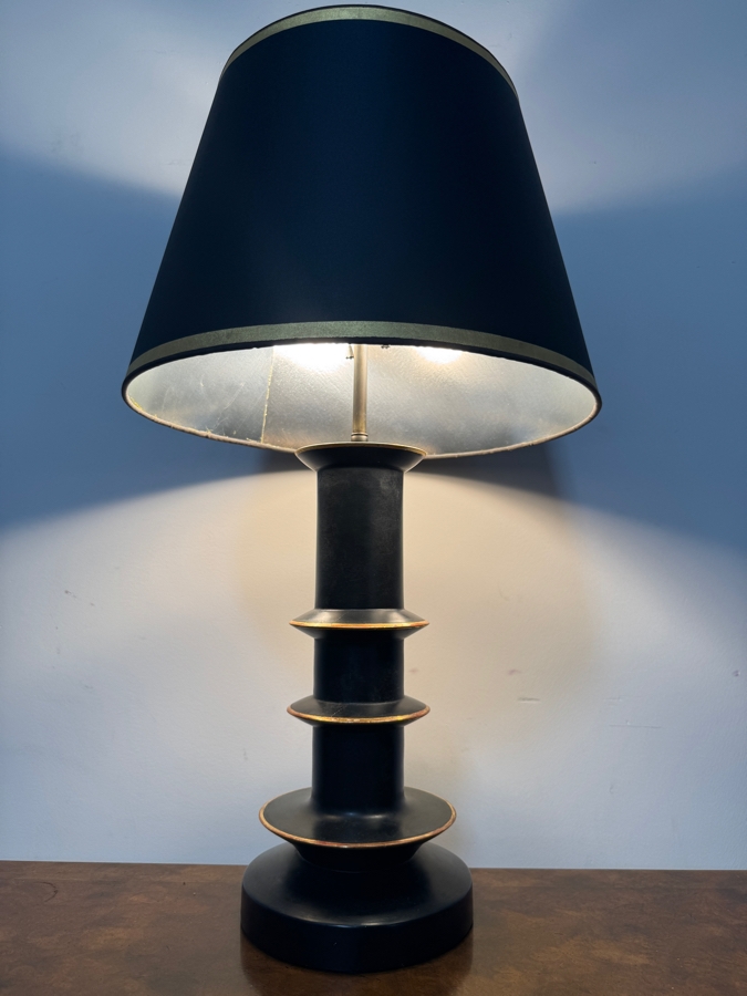 Vintage Mid Century Modern Matte Black Wooden Column Table Lamp Featuring Tiered Ring Flanges With Antiqued Gold Trim And Matching Black Shade 29'H [Photo 2]