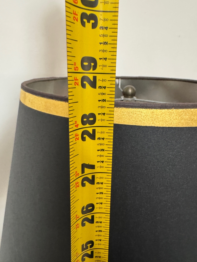 Vintage Mid Century Modern Matte Black Wooden Column Table Lamp Featuring Tiered Ring Flanges With Antiqued Gold Trim And Matching Black Shade 29'H [Photo 6]