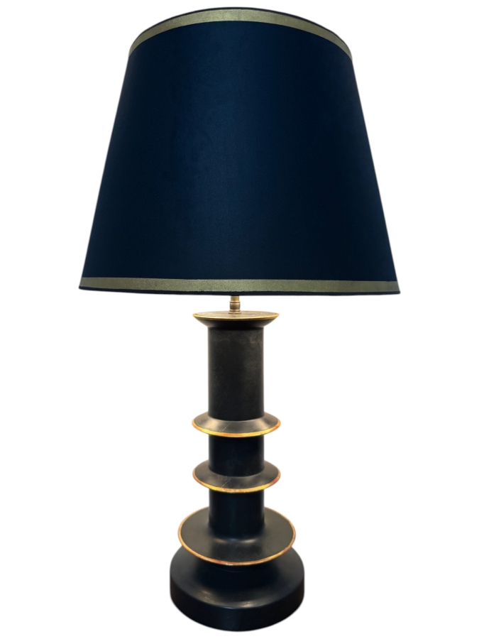 Vintage Mid Century Modern Matte Black Wooden Column Table Lamp Featuring Tiered Ring Flanges With Antiqued Gold Trim And Matching Black Shade 29'H