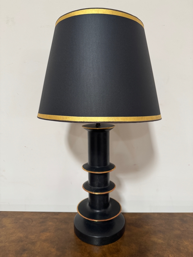 Vintage Mid Century Modern Matte Black Wooden Column Table Lamp Featuring Tiered Ring Flanges With Antiqued Gold Trim And Matching Black Shade 29'H [Photo 5]