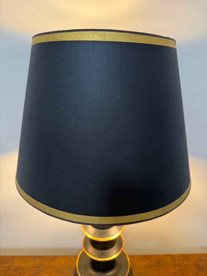Vintage Mid Century Modern Matte Black Wooden Column Table Lamp Featuring Tiered Ring Flanges With Antiqued Gold Trim And Matching Black Shade 29'H [Photo 4]