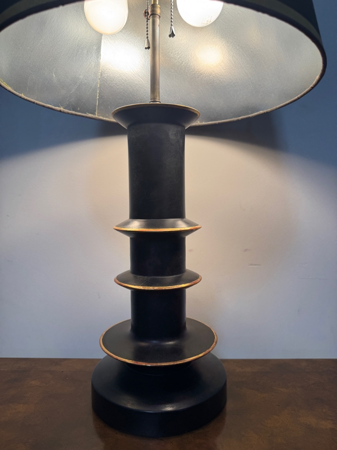 Vintage Mid Century Modern Matte Black Wooden Column Table Lamp Featuring Tiered Ring Flanges With Antiqued Gold Trim And Matching Black Shade 29'H [Photo 3]