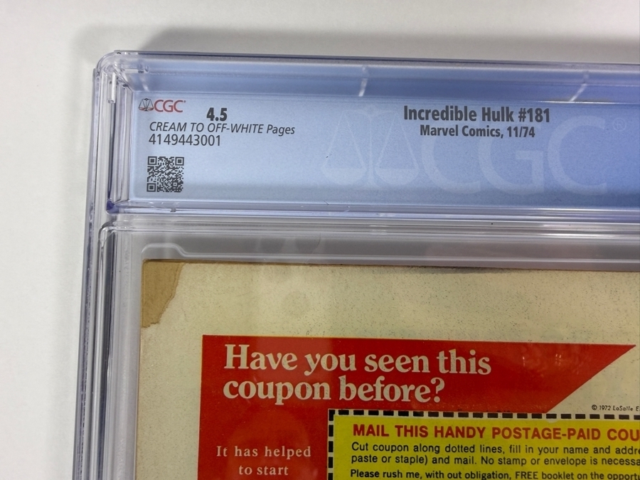 The Incredible Hulk #181 (First Full Appearance of Wolverine) Comic Book CGC Grade 4.5 Estimate $2,300 [Photo 5]