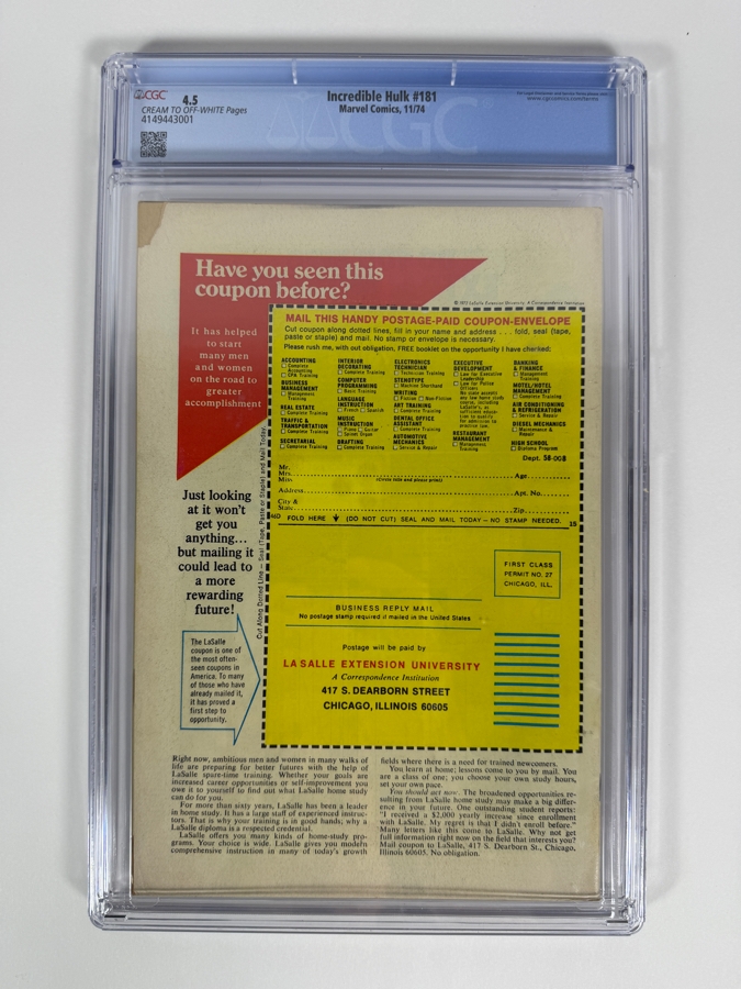 The Incredible Hulk #181 (First Full Appearance of Wolverine) Comic Book CGC Grade 4.5 Estimate $2,300 [Photo 4]