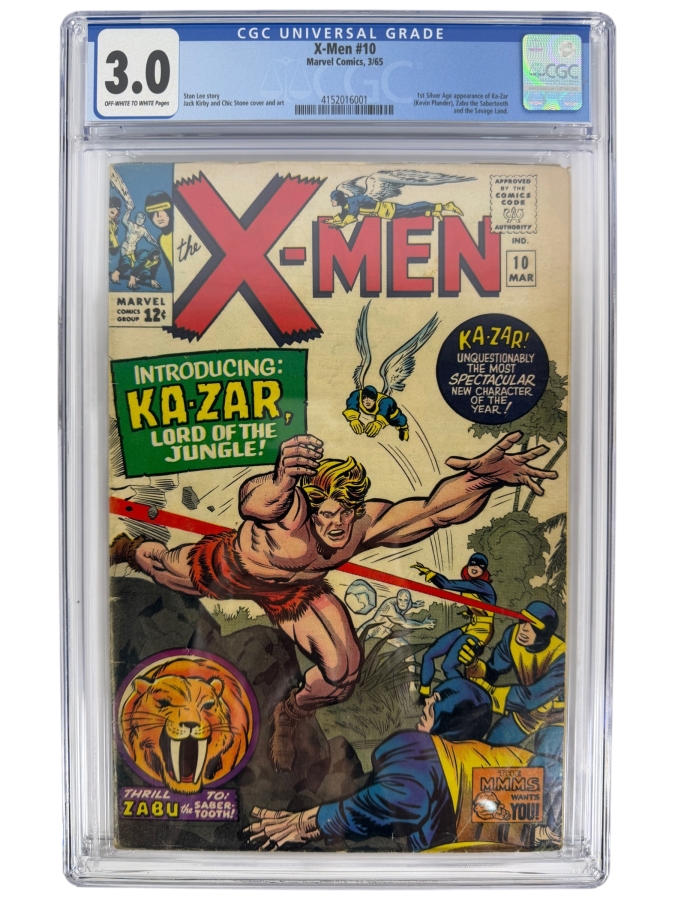 X-Men #10 Comic Book (First Silver Age Appearance of Ka-Zar (Kevin Plunder), Zabu the Sabertooth Tiger, and the Savage Land) CGC Grade 3.0 Estimate $130