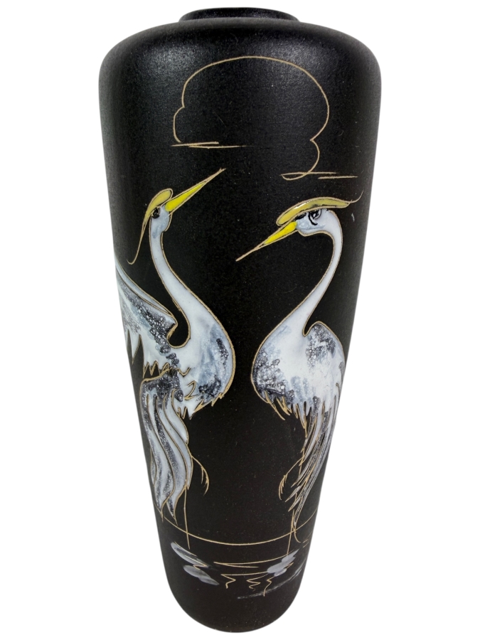 Vintage 1950s West German Fat Lava Art Pottery Vase by Ruscha Keramik Designed by Hanns Welling Featuring a Pair of Elegant Herons 8.5'H