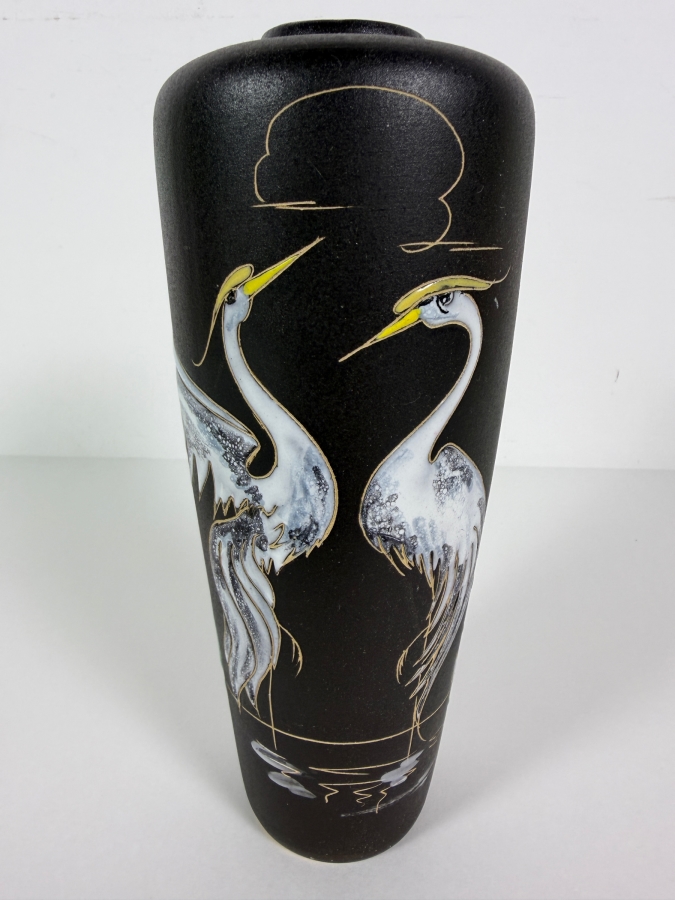 Vintage 1950s West German Fat Lava Art Pottery Vase by Ruscha Keramik Designed by Hanns Welling Featuring a Pair of Elegant Herons 8.5'H [Photo 2]