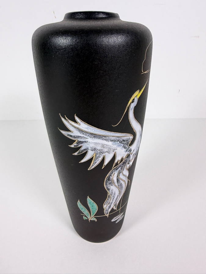 Vintage 1950s West German Fat Lava Art Pottery Vase by Ruscha Keramik Designed by Hanns Welling Featuring a Pair of Elegant Herons 8.5'H [Photo 3]