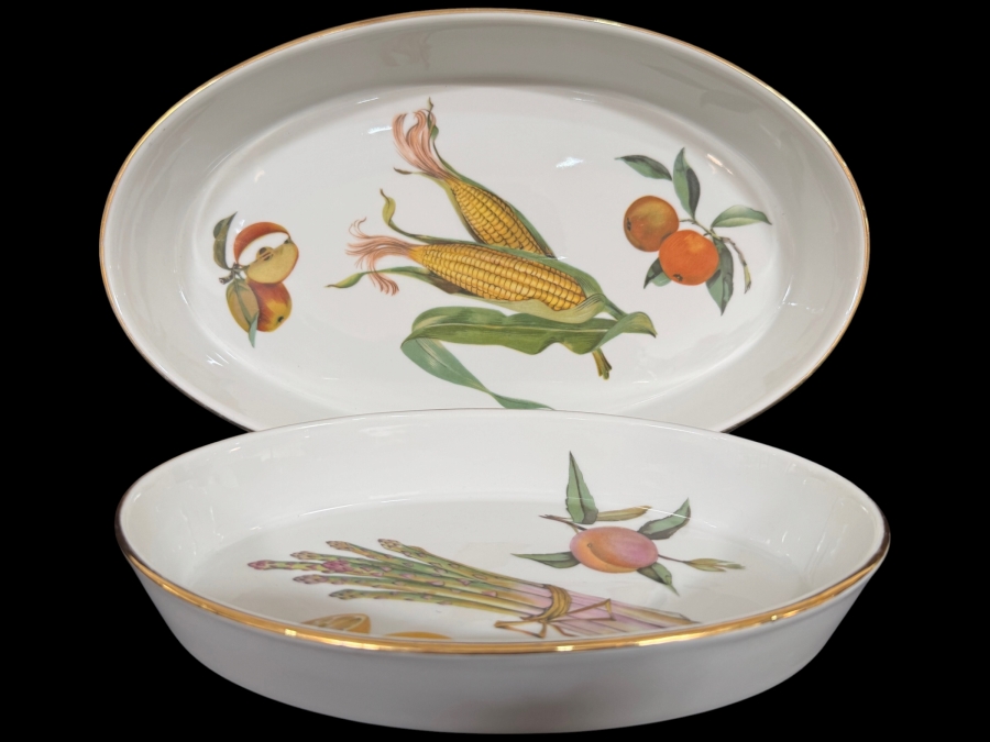 Pair Of Royal Worcester Evesham Gold Oval Baking Dishes 10.5' - 14'W