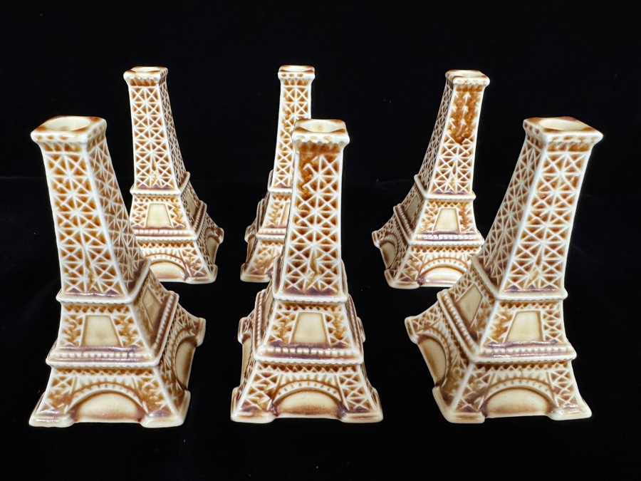 Set Of Six Vintage BIA Cordon Bleu Ceramic Eiffel Tower Candlesticks [Photo 2]