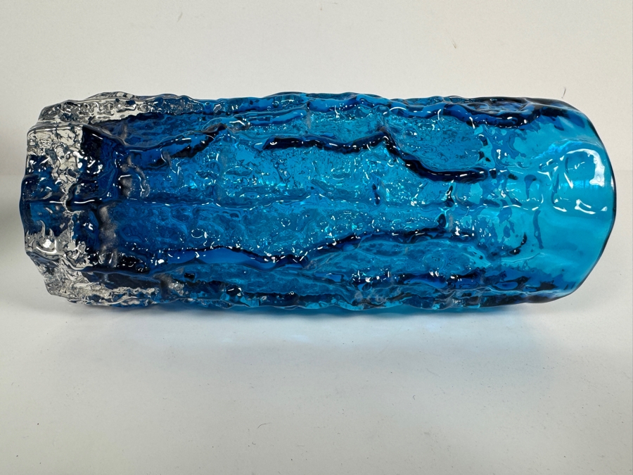 Mid Century Modern Blue Textured Bark Glass Cylinder Vase 7.75'H [Photo 4]