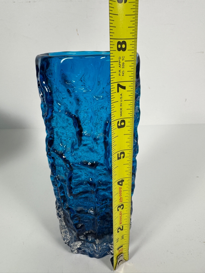 Mid Century Modern Blue Textured Bark Glass Cylinder Vase 7.75'H [Photo 6]