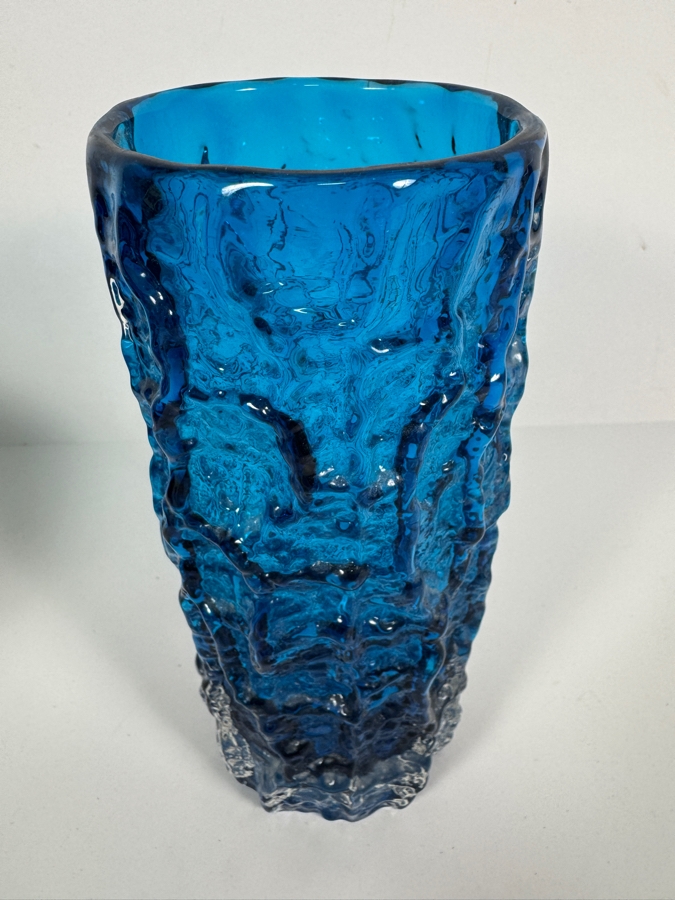 Mid Century Modern Blue Textured Bark Glass Cylinder Vase 7.75'H [Photo 3]