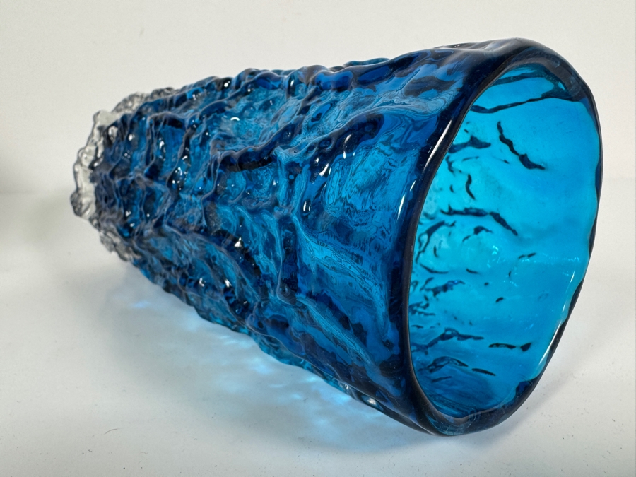 Mid Century Modern Blue Textured Bark Glass Cylinder Vase 7.75'H [Photo 5]