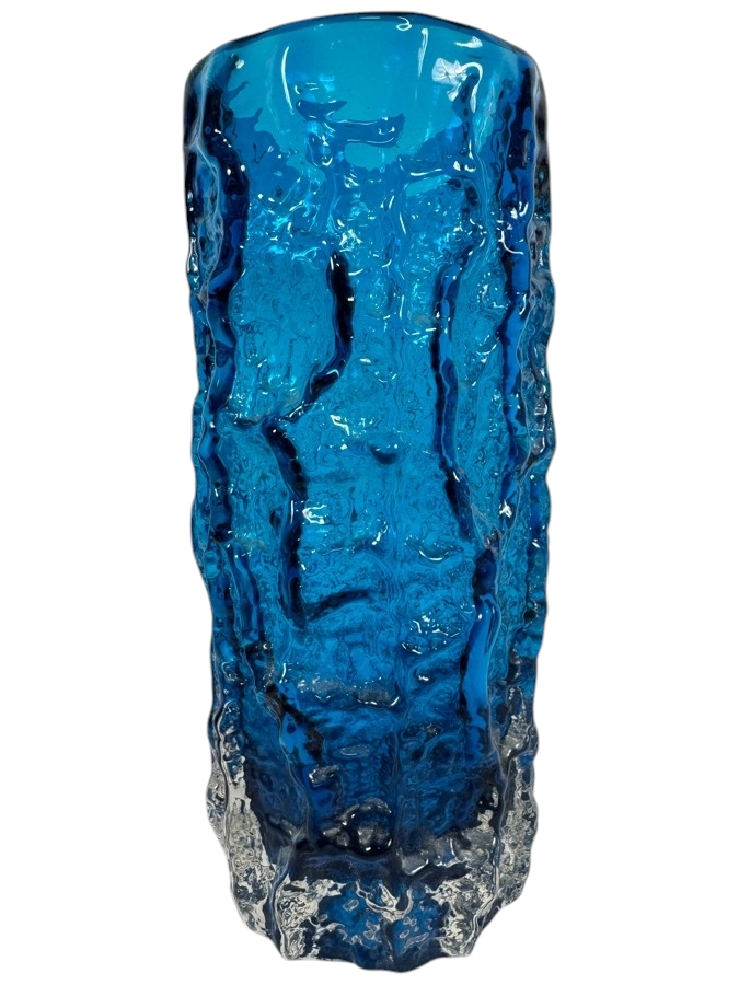 Mid Century Modern Blue Textured Bark Glass Cylinder Vase 7.75'H