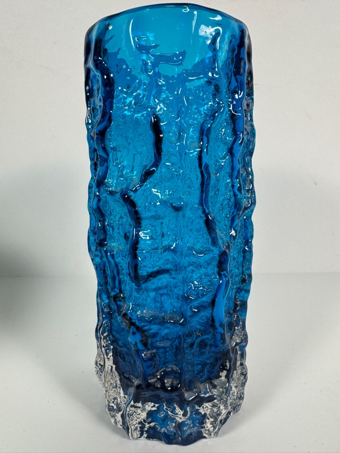 Mid Century Modern Blue Textured Bark Glass Cylinder Vase 7.75'H [Photo 2]