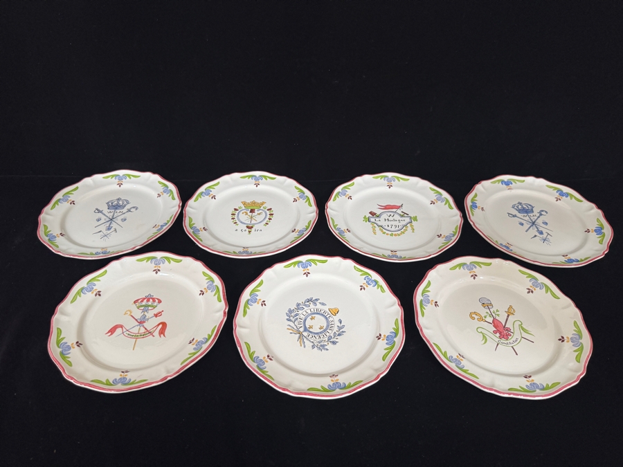 Set Of Seven Vintage Saint Amand French Revolution Ca Ira Faience Plates 7.75'W [Photo 2]