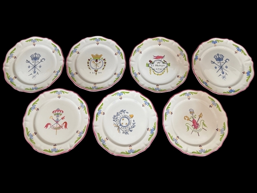 Set Of Seven Vintage Saint Amand French Revolution Ca Ira Faience Plates 7.75'W