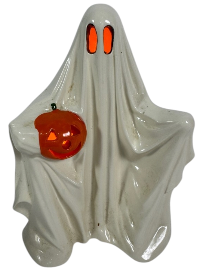 Vintage Mr Christmas Ceramic Light Up Ghost Holding Jack O Lantern Figurine 9.5'H
