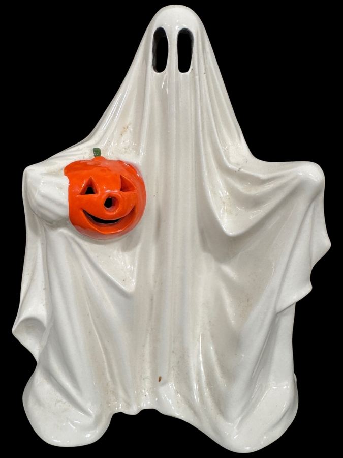 Vintage Mr Christmas Ceramic Light Up Ghost Holding Jack O Lantern Figurine 9.5'H [Photo 2]