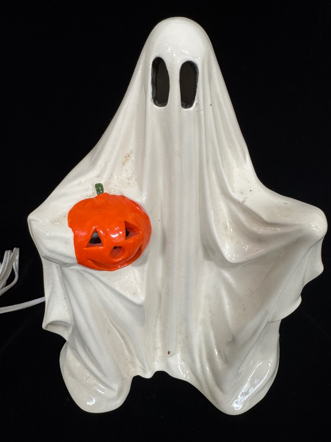 Vintage Mr Christmas Ceramic Light Up Ghost Holding Jack O Lantern Figurine 9.5'H [Photo 3]