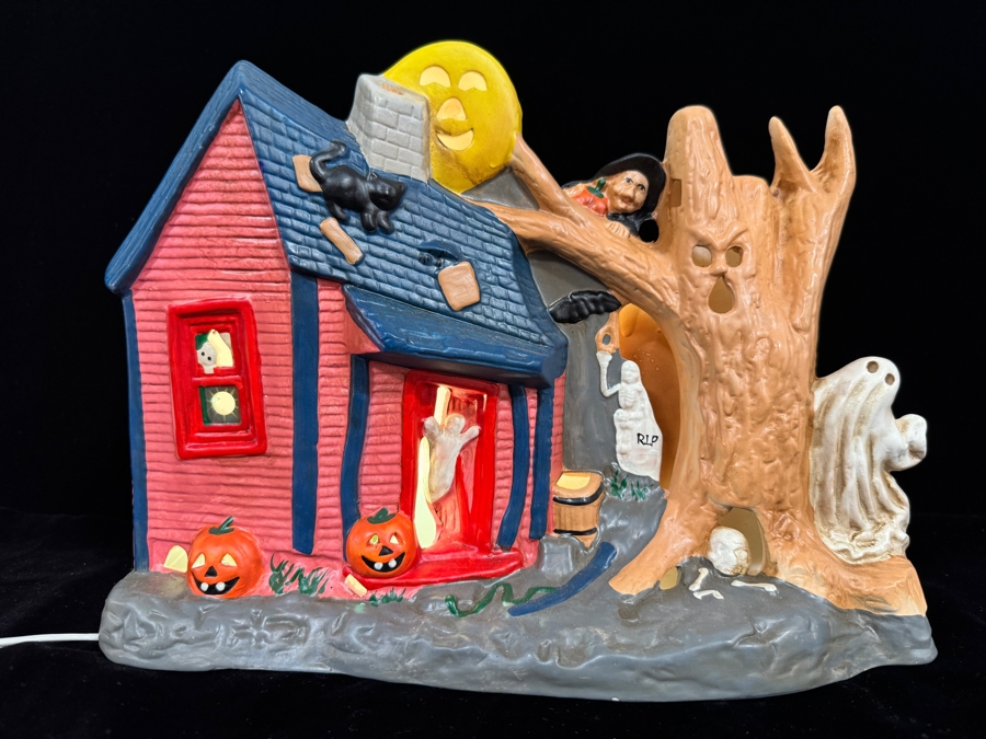 Vintage 1978 Kimple Mold Halloween Ceramic Light Up Haunted House Spooky Tree House Figurine 13'W X 9.5'H [Photo 3]