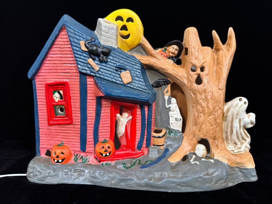 Vintage 1978 Kimple Mold Halloween Ceramic Light Up Haunted House Spooky Tree House Figurine 13'W X 9.5'H [Photo 2]