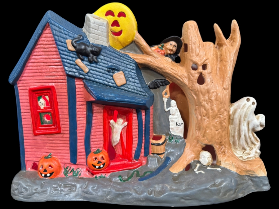 Vintage 1978 Kimple Mold Halloween Ceramic Light Up Haunted House Spooky Tree House Figurine 13'W X 9.5'H