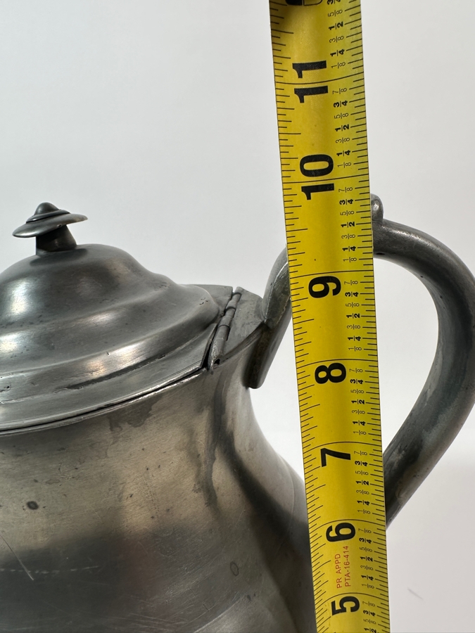 Antique American Pewter One-Gallon Covered Ale Pitcher	American, J.D. Boardman, Hartford, Conn. Circa 1828 with Wide Spout and Ear-Shaped Handle - 10.5'H - Appraised Value of $1,300 [Photo 6]