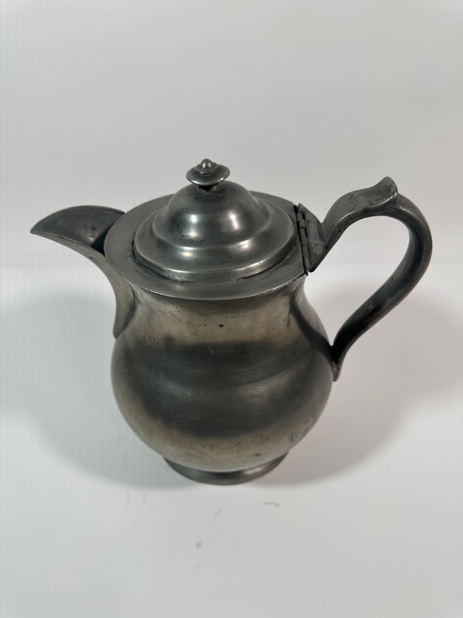 Antique American Pewter One-Gallon Covered Ale Pitcher	American, J.D. Boardman, Hartford, Conn. Circa 1828 with Wide Spout and Ear-Shaped Handle - 10.5'H - Appraised Value of $1,300 [Photo 3]