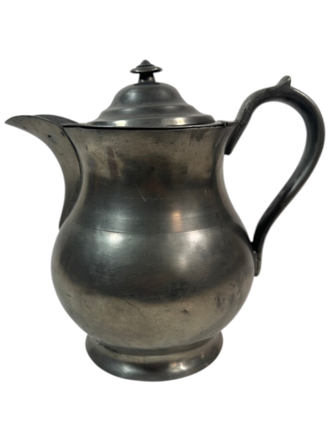 Antique American Pewter One-Gallon Covered Ale Pitcher	American, J.D. Boardman, Hartford, Conn. Circa 1828 with Wide Spout and Ear-Shaped Handle - 10.5'H - Appraised Value of $1,300