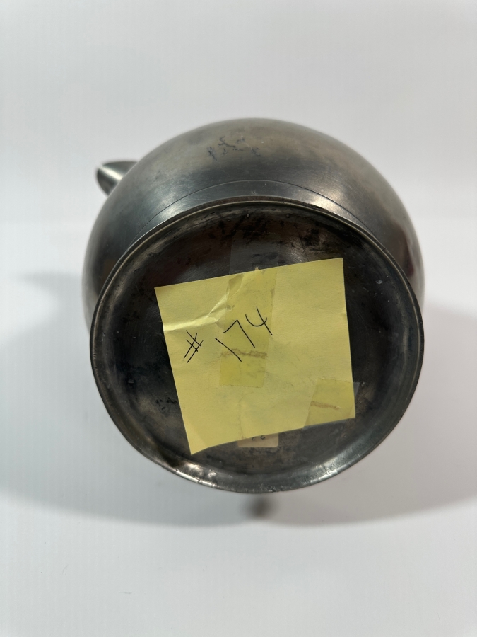Antique American Pewter One-Gallon Covered Ale Pitcher	American, J.D. Boardman, Hartford, Conn. Circa 1828 with Wide Spout and Ear-Shaped Handle - 10.5'H - Appraised Value of $1,300 [Photo 2]