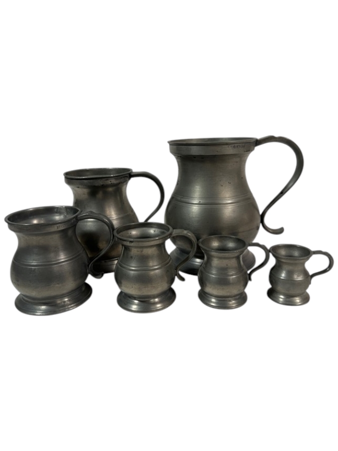 Antique English Set of 6 Pewter Baluster Measures Circa 19th Century From 2 1/8'H - 6 1/8'H  Appraised Value of $925