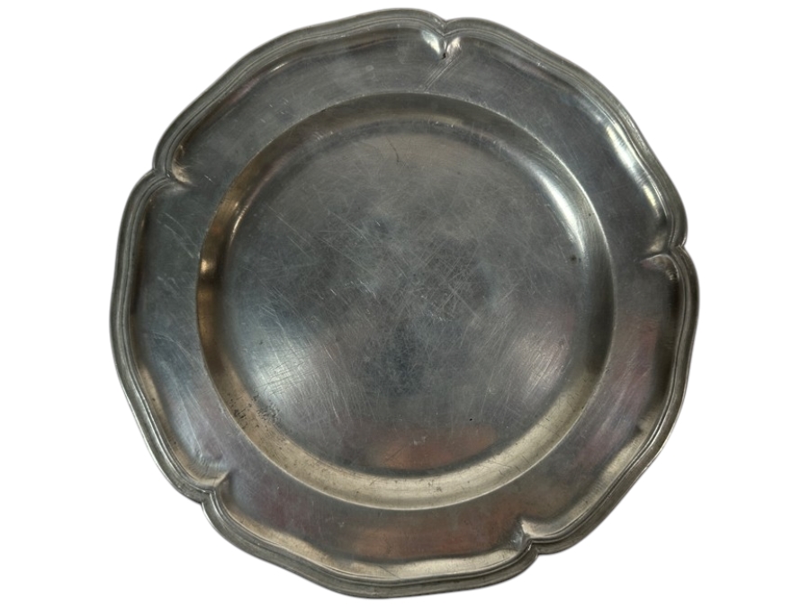 Antique Continental Pewter Plate with Scalloped Rim Marked with 2 Hebrew Characters 9 3/4'H Appraised at $380