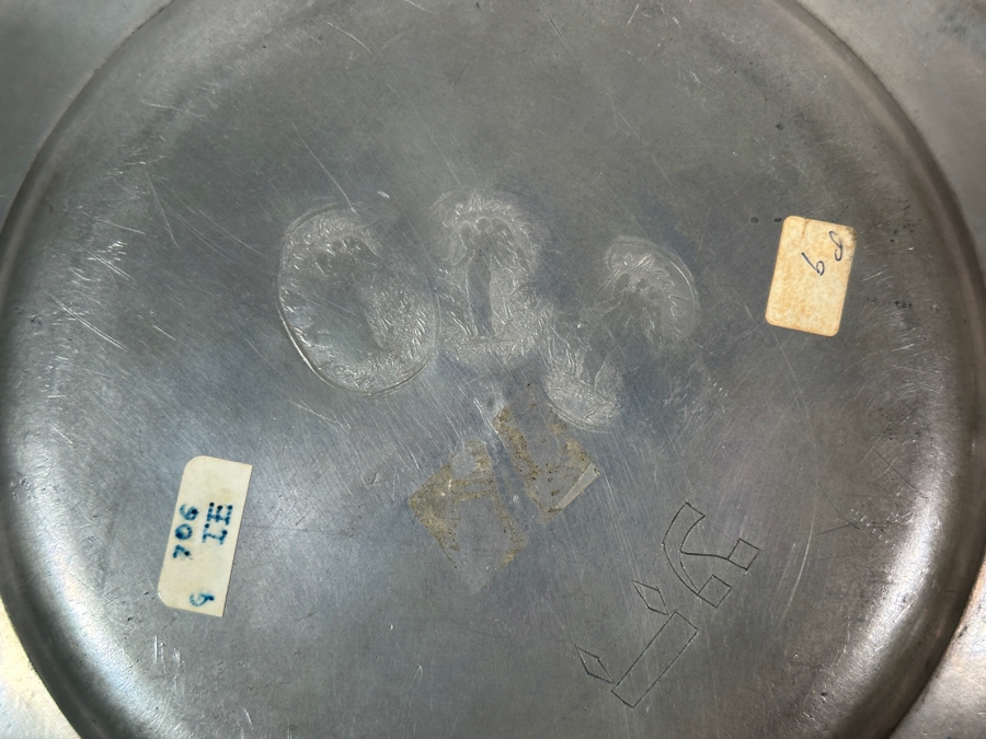 Antique Continental Pewter Plate with Scalloped Rim Marked with 2 Hebrew Characters 9 3/4'H Appraised at $380 [Photo 5]