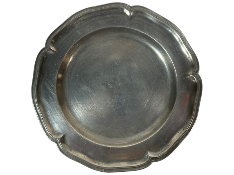 Antique Continental Pewter Plate with Scalloped Rim Marked with 2 Hebrew Characters 9 3/4'H Appraised at $380