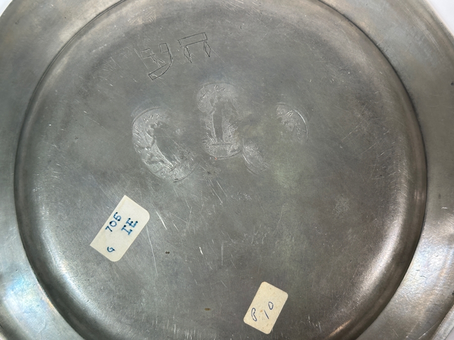 Antique Continental Pewter Plate with Scalloped Rim Marked with 2 Hebrew Characters 9 3/4'H Appraised at $380 [Photo 5]