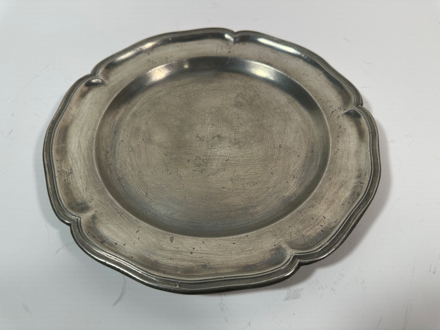 Antique Continental Pewter Plate with Scalloped Rim Marked with 2 Hebrew Characters 9 3/4'H Appraised at $380 [Photo 4]