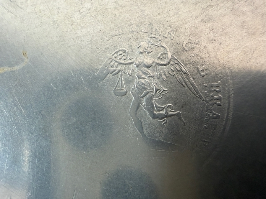 Antique English Pewter Plate Marked 'Langen' Dated '1822' and Monogrammed 'W.C.' 9.5'D Appraised at $785 [Photo 9]