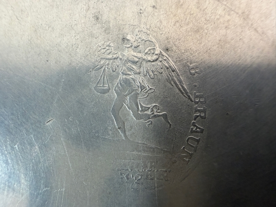 Antique English Pewter Plate Marked 'Langen' Dated '1822' and Monogrammed 'W.C.' 9.5'D Appraised at $785 [Photo 10]