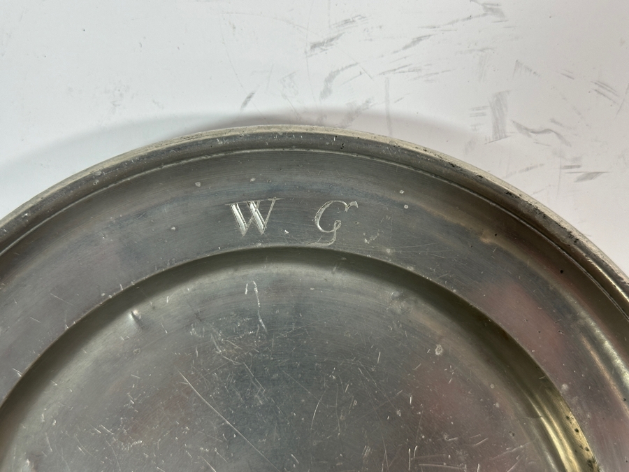 Antique English Pewter Plate Marked 'Langen' Dated '1822' and Monogrammed 'W.C.' 9.5'D Appraised at $785 [Photo 5]