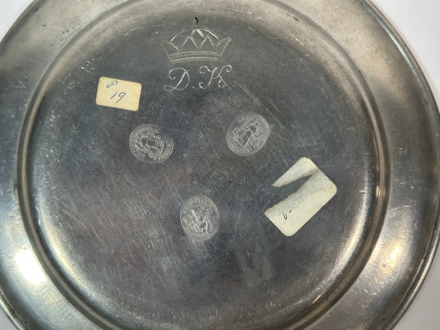 Antique Continental German Pewter Plate Marked with a Crown and 'DK' and Stampled 'I.T. Shoreder' 8 7/8'D Appraised at $100 [Photo 5]