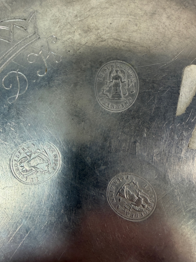 Antique Continental German Pewter Plate Marked with a Crown and 'DK' and Stampled 'I.T. Shoreder' 8 7/8'D Appraised at $100 [Photo 7]