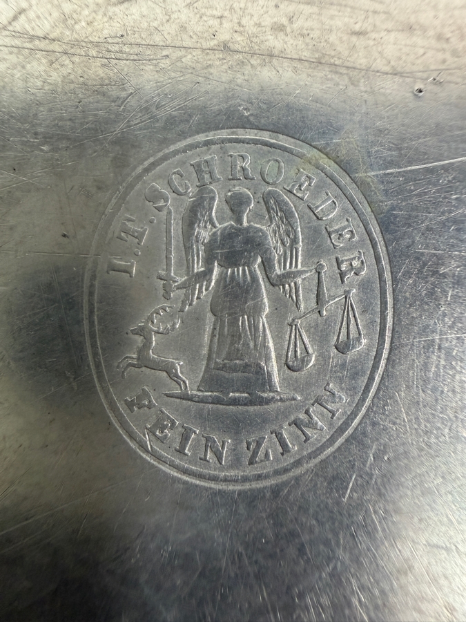 Antique Continental German Pewter Plate Marked with a Crown and 'DK' and Stampled 'I.T. Shoreder' 8 7/8'D Appraised at $100 [Photo 8]