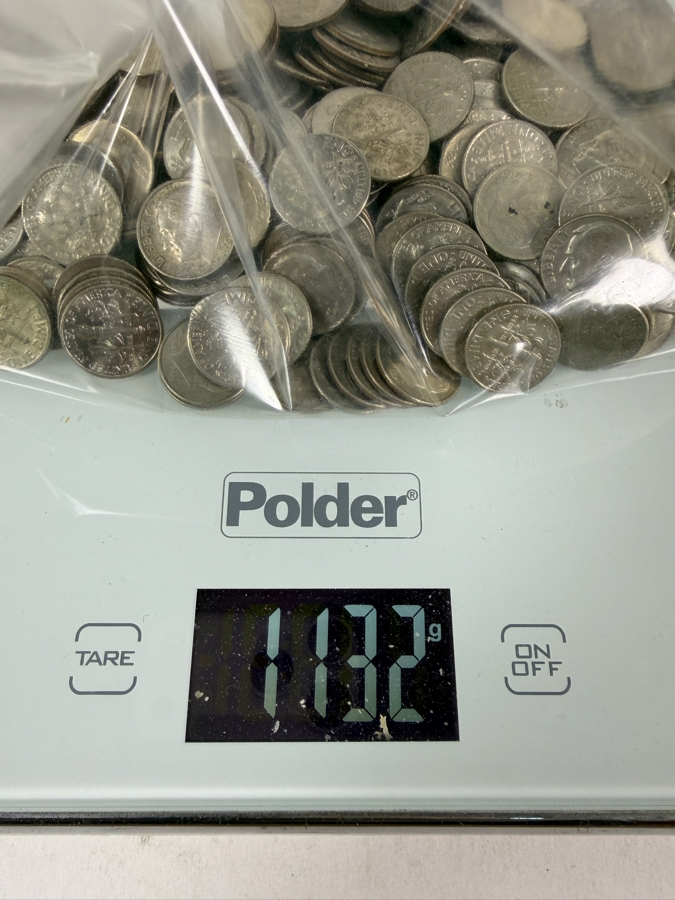 2,075g of US Jefferson Nickels of Various Years and 1,132g of US Roosevelt Dimes of Various Years (Approximate Face Value of $70.65) [Photo 10]