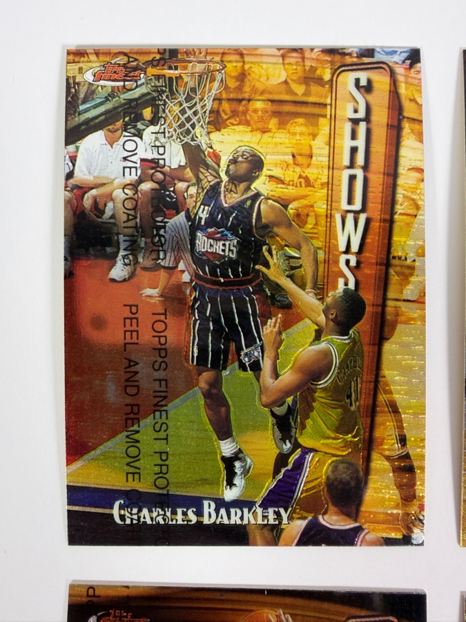 (4) 1997-98 Topps Finest Showstoppers NBA Basketball Trading Cards with Protective Coatings Featuring Charles Barkley, Reggie Miller, Chris Webber and Karl Malone [Photo 2]